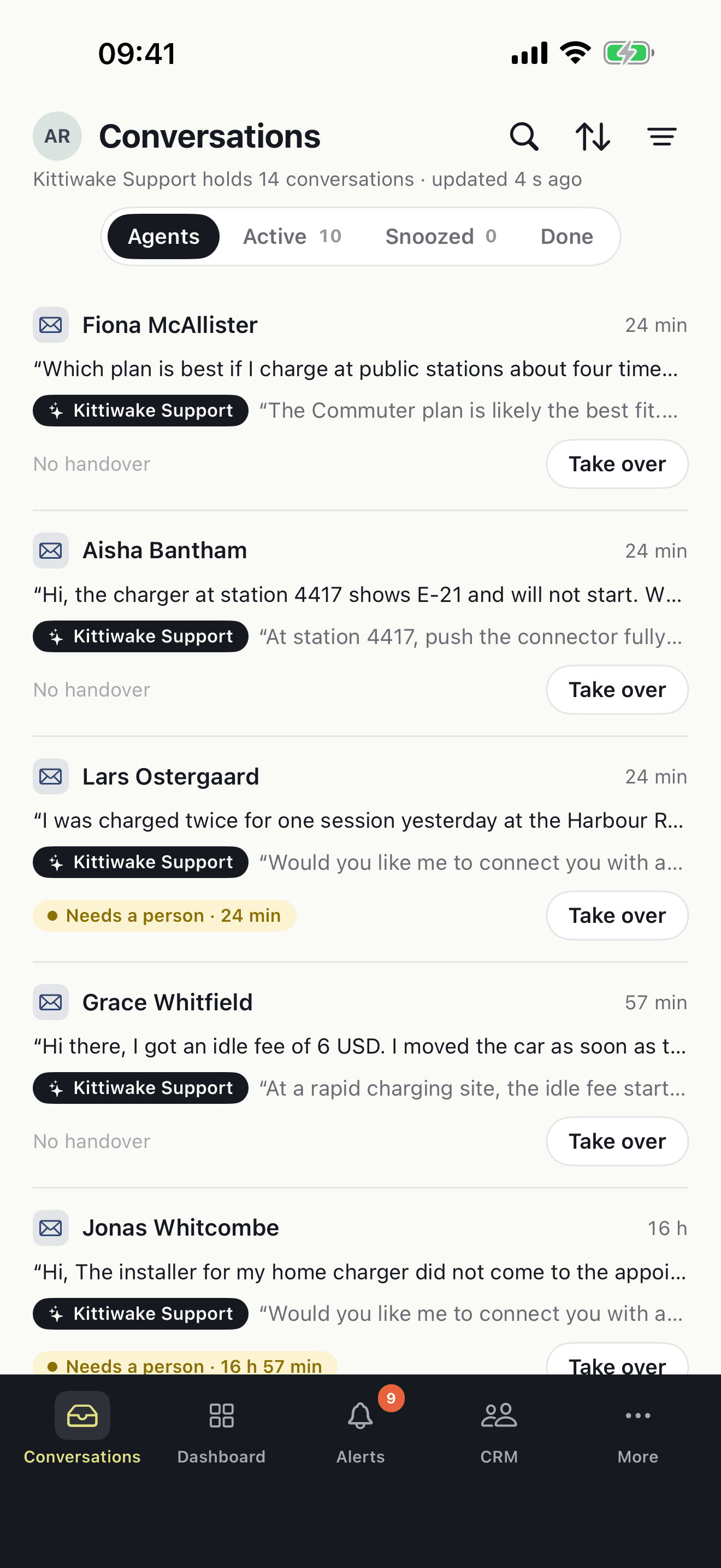 The Agents tab in the Atender iPhone app, with a Take over button on each conversation.