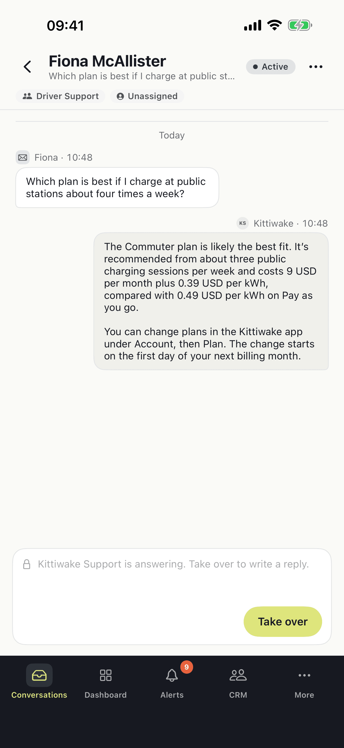 A conversation the AI is answering, with a Take over button above the keyboard.