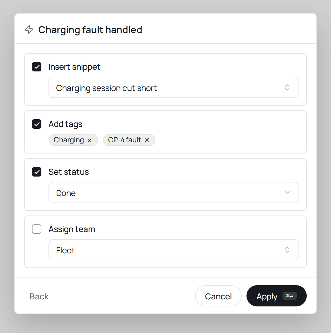 The Apply a macro dialog, listing the effects of the chosen macro as checkboxes above an Apply button