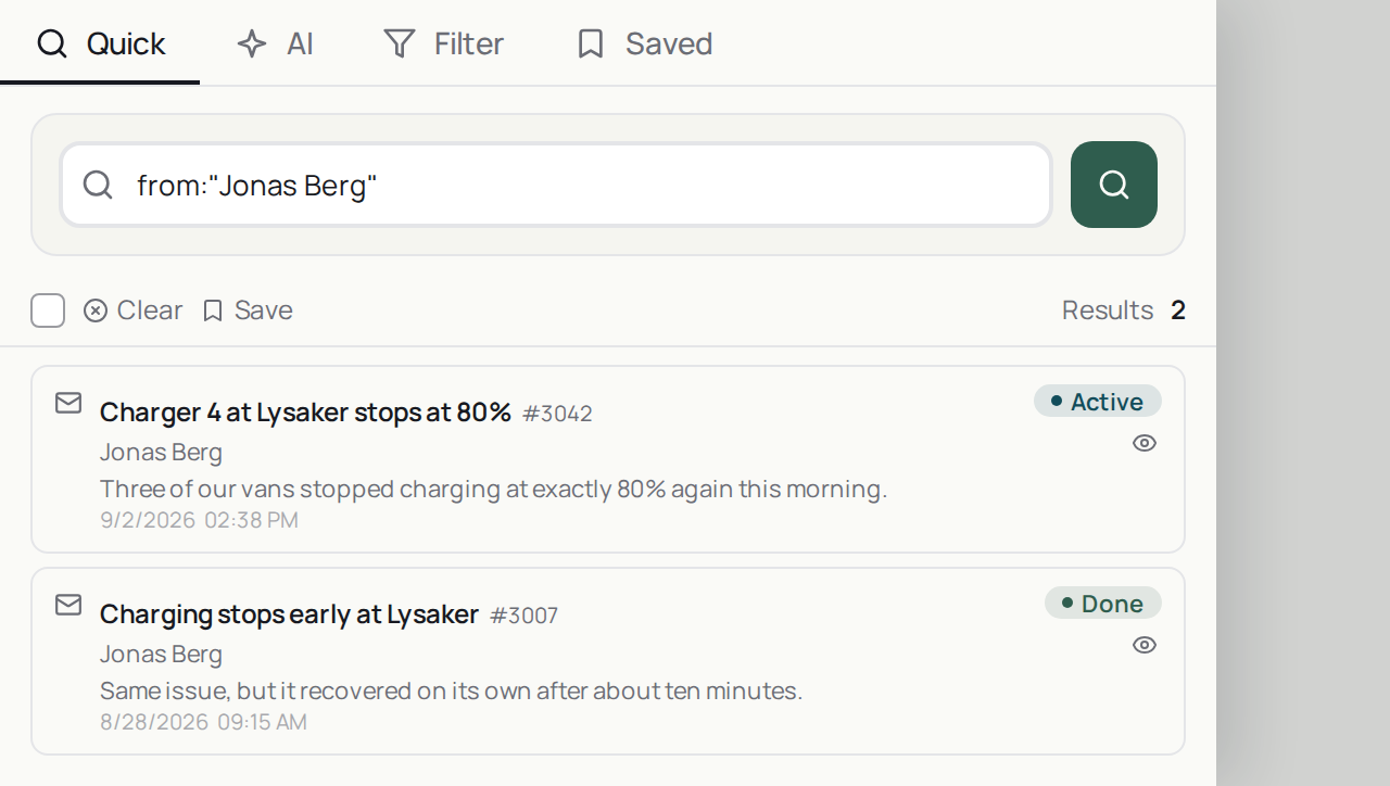 The search panel open over the workspace, with the Quick, AI, Filter and Saved tabs across the top and a results list below the input