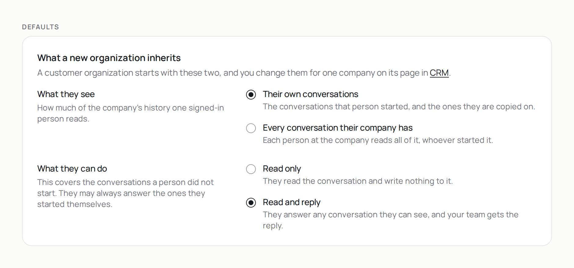Settings → Customer Portal: the two defaults a new customer company inherits, both set narrow