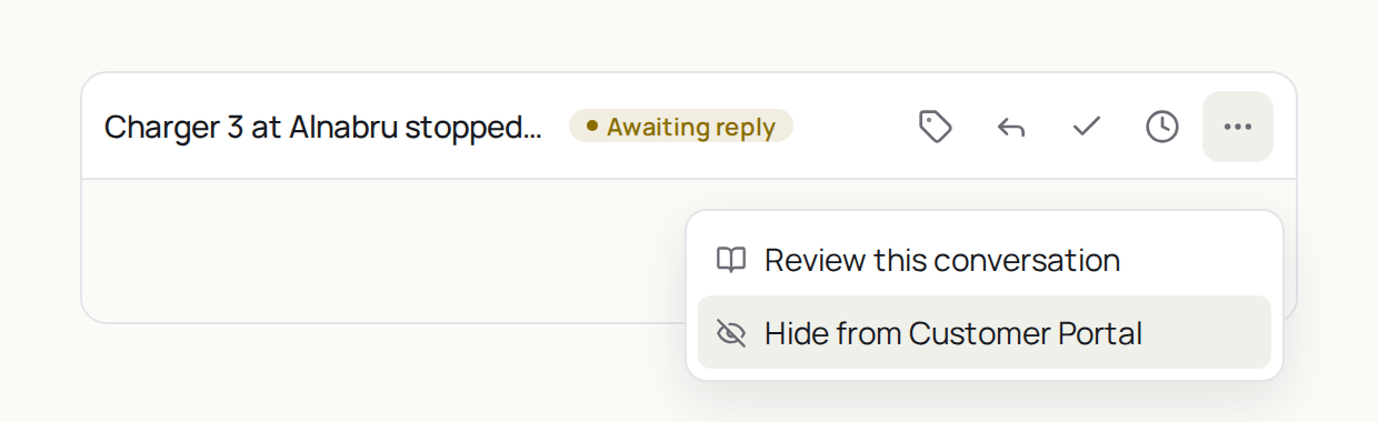 The conversation menu in the agent inbox, showing the Hide from Customer Portal action