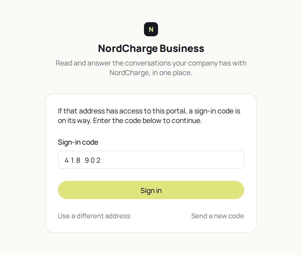 The Customer Portal sign-in screen, asking for the one-time code sent to the person's work address